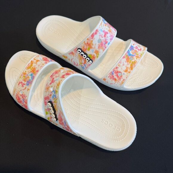 Crocs Unisex Two-strap Slide Sandals, Multi/White, Men 13 - Picture 1 of 4